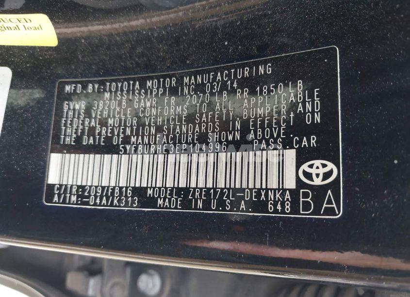 Photo 9 of 2014 Toyota Corolla LE (VIN 5YFBURHE3EP104996)