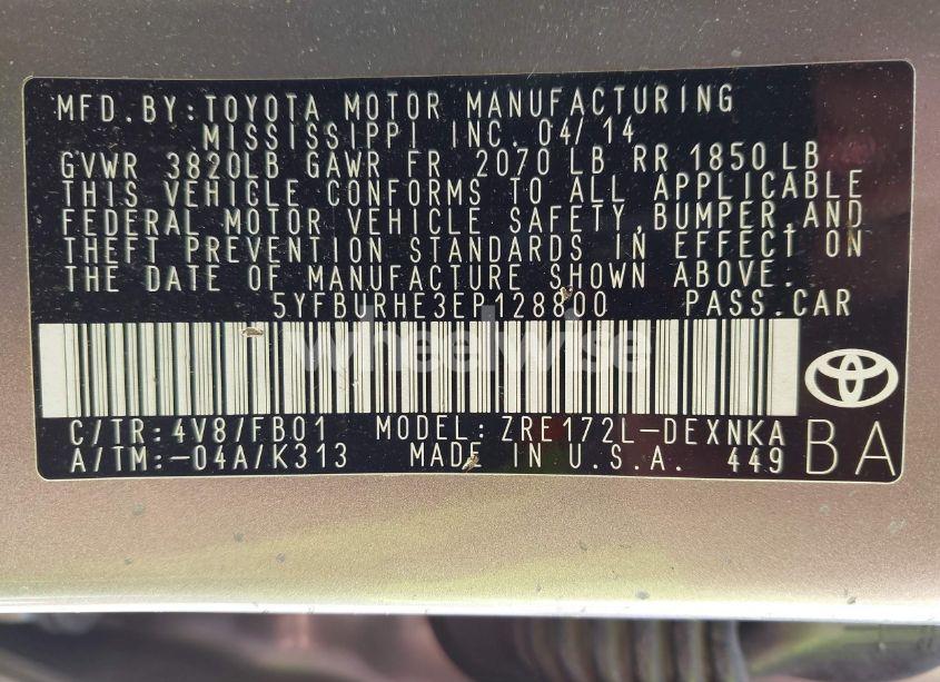 Photo 9 of 2014 Toyota Corolla LE (VIN 5YFBURHE3EP128800)