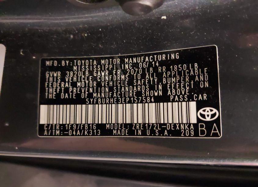 Photo 9 of 2014 Toyota Corolla LE (VIN 5YFBURHE3EP157584)