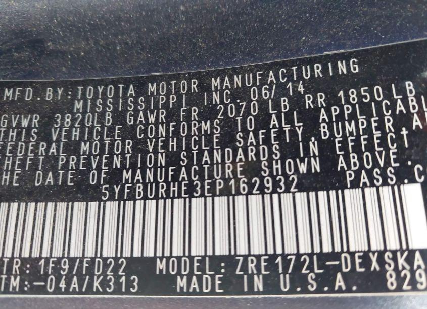 Photo 9 of 2014 Toyota Corolla S PLUS (VIN 5YFBURHE3EP162932)