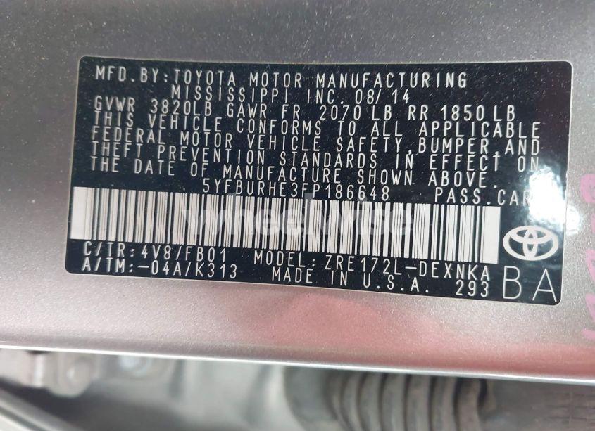 Photo 9 of 2015 Toyota Corolla LE PLUS (VIN 5YFBURHE3FP186648)