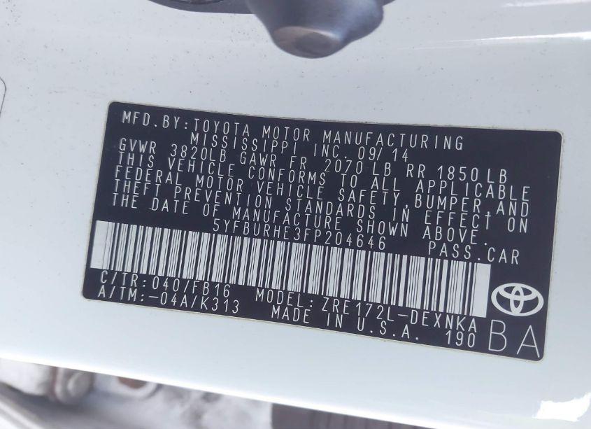 Photo 9 of 2015 Toyota Corolla LE (VIN 5YFBURHE3FP204646)