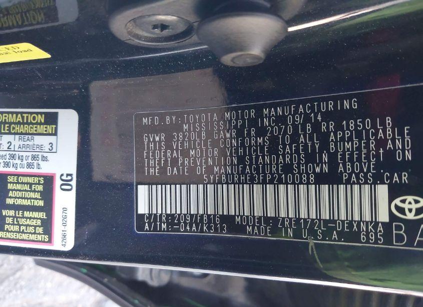 Photo 9 of 2015 Toyota Corolla LE (VIN 5YFBURHE3FP210088)