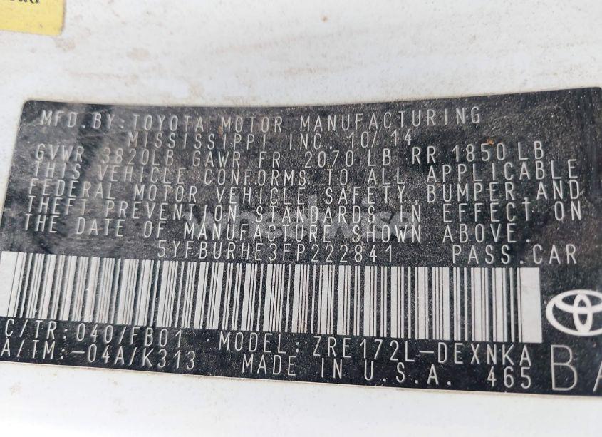 Photo 9 of 2015 Toyota Corolla LE PLUS (VIN 5YFBURHE3FP222841)