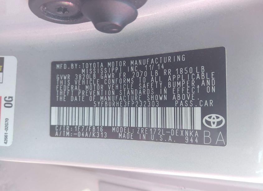 Photo 9 of 2015 Toyota Corolla LE (VIN 5YFBURHE3FP232303)