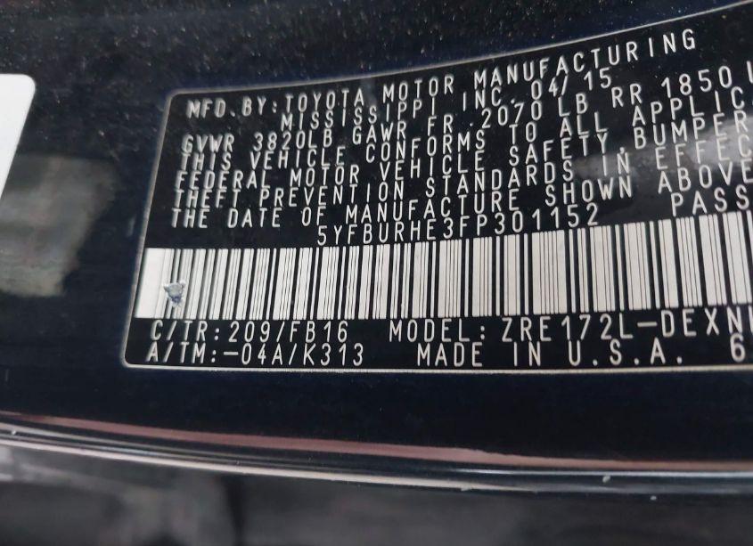 Photo 9 of 2015 Toyota Corolla LE (VIN 5YFBURHE3FP301152)