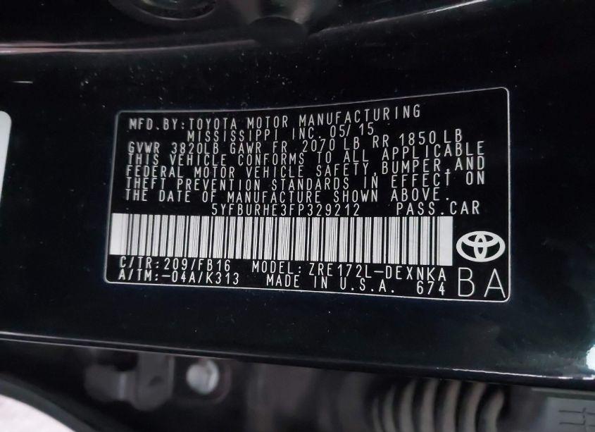 Photo 9 of 2015 Toyota Corolla LE PLUS (VIN 5YFBURHE3FP329212)