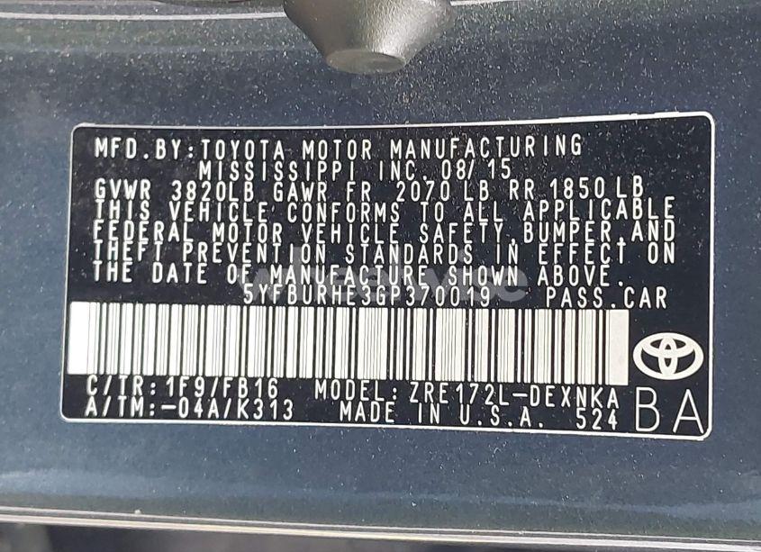 Photo 9 of 2016 Toyota Corolla LE (VIN 5YFBURHE3GP370019)