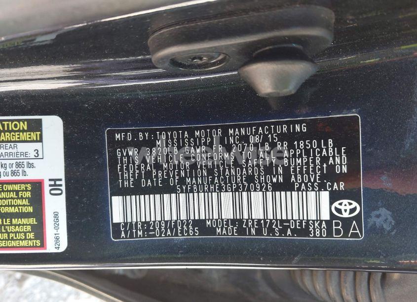 Photo 9 of 2016 Toyota Corolla S PLUS (VIN 5YFBURHE3GP370926)