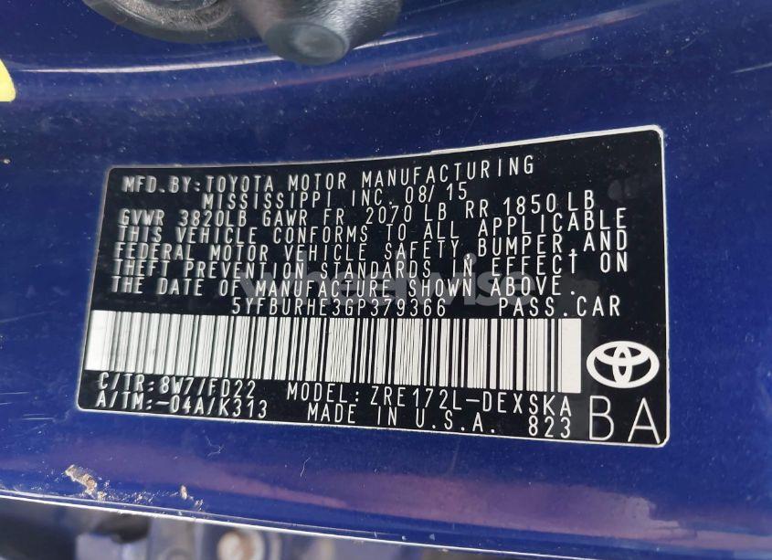 Photo 9 of 2016 Toyota Corolla L/LE/LE PLUS/LE PREMIUM/S/S PLUS/S PREMIUM/S W/SPECIAL EDITION PKG (VIN 5YFBURHE3GP379366)