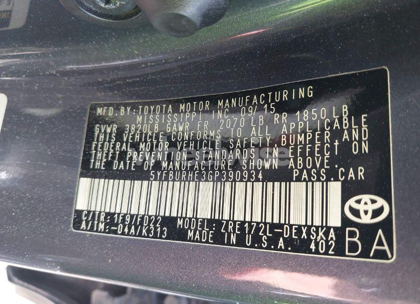 Photo 9 of 2016 Toyota Corolla S PLUS (VIN 5YFBURHE3GP390934)