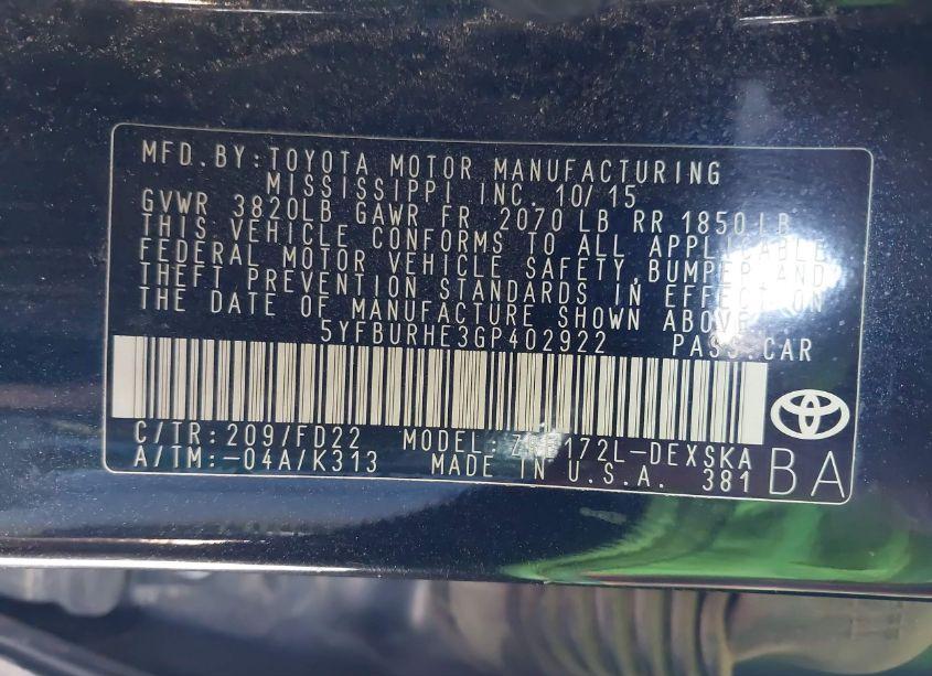 Photo 9 of 2016 Toyota Corolla S PLUS (VIN 5YFBURHE3GP402922)