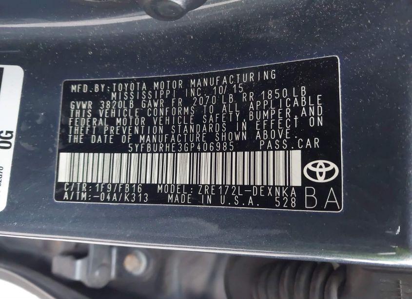 Photo 9 of 2016 Toyota Corolla LE (VIN 5YFBURHE3GP406985)