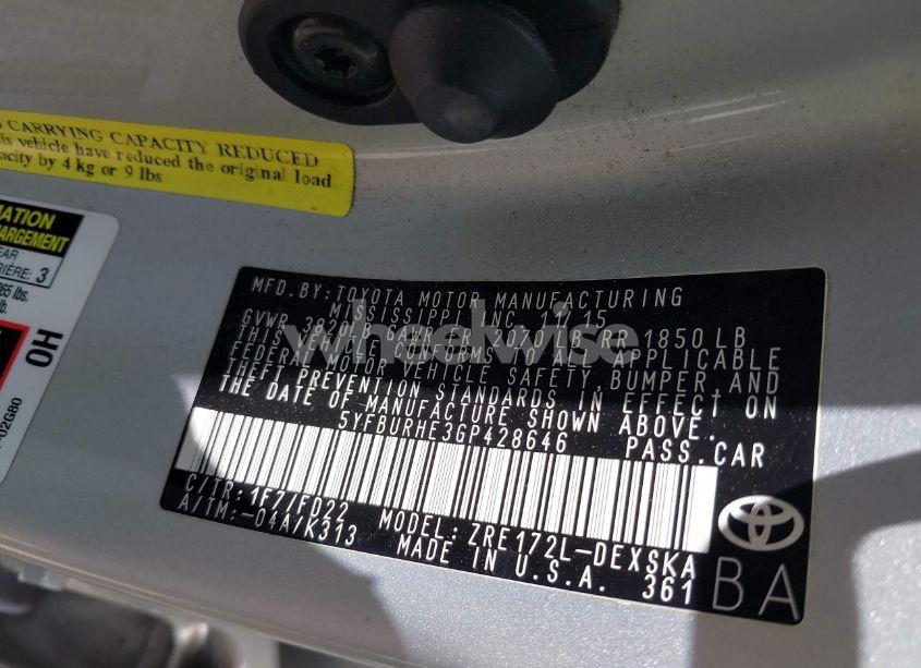 Photo 9 of 2016 Toyota Corolla L/LE/LE PLS/PRM/S/S PLS (VIN 5YFBURHE3GP428646)