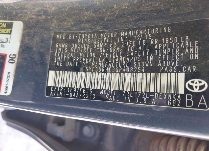 Photo 9 of 2016 Toyota Corolla LE (VIN 5YFBURHE3GP438254)