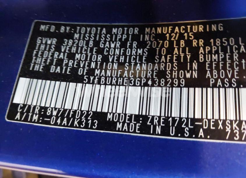 Photo 9 of 2016 Toyota Corolla S PLUS (VIN 5YFBURHE3GP438299)