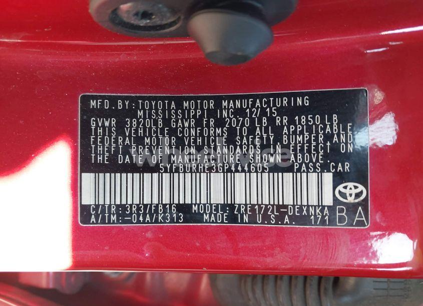 Photo 9 of 2016 Toyota Corolla LE (VIN 5YFBURHE3GP444605)