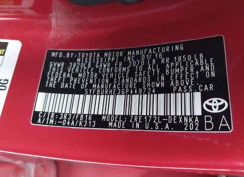 Photo 9 of 2016 Toyota Corolla LE PLUS (VIN 5YFBURHE3GP449724)