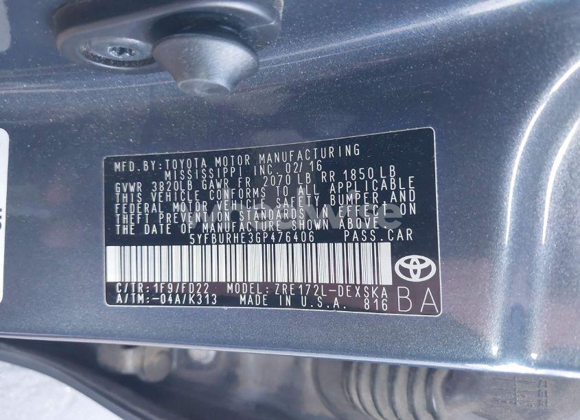Photo 9 of 2016 Toyota Corolla S PLUS (VIN 5YFBURHE3GP476406)
