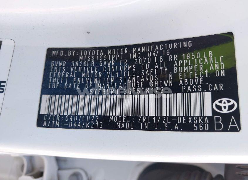 Photo 9 of 2016 Toyota Corolla S PLUS (VIN 5YFBURHE3GP508173)