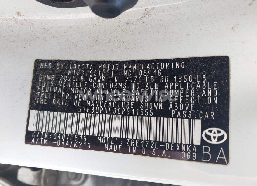 Photo 9 of 2016 Toyota Corolla LE (VIN 5YFBURHE3GP511655)