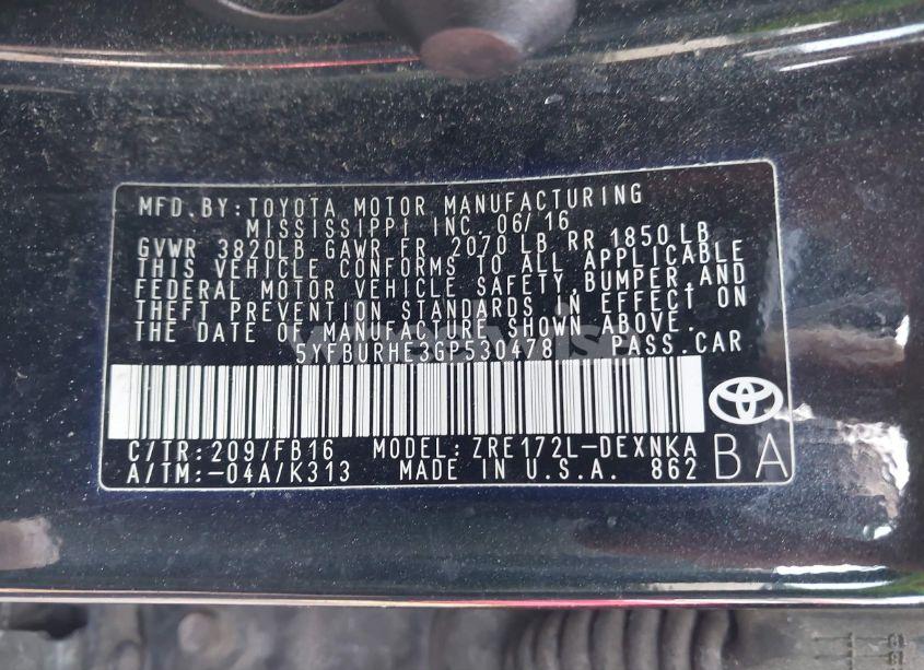 Photo 9 of 2016 Toyota Corolla LE (VIN 5YFBURHE3GP530478)