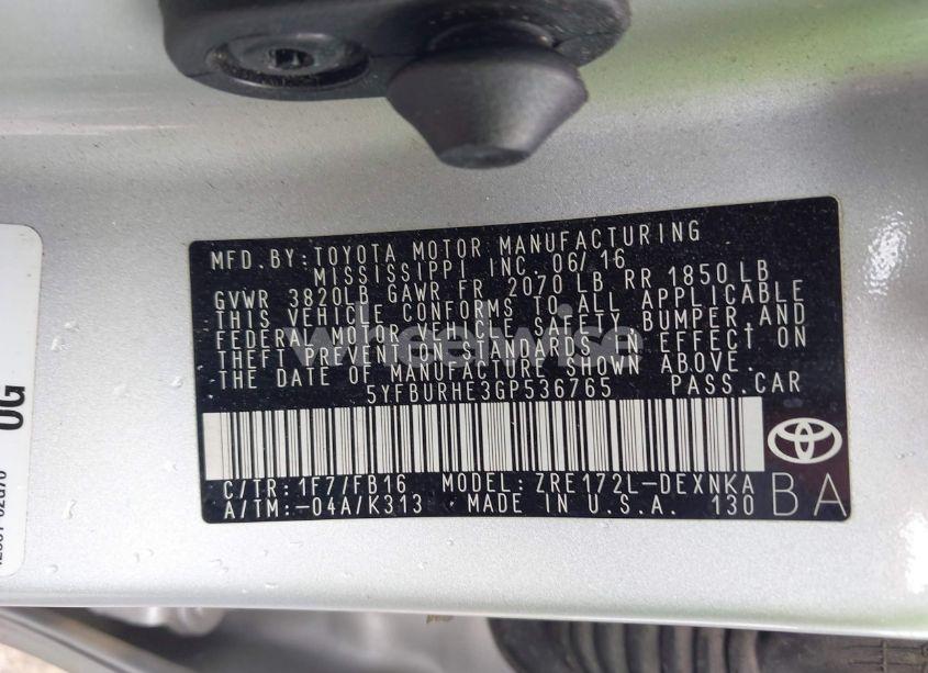 Photo 9 of 2016 Toyota Corolla LE (VIN 5YFBURHE3GP536765)