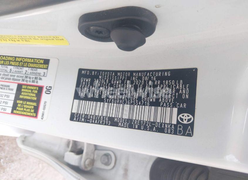 Photo 9 of 2016 Toyota Corolla LE (VIN 5YFBURHE3GP554716)