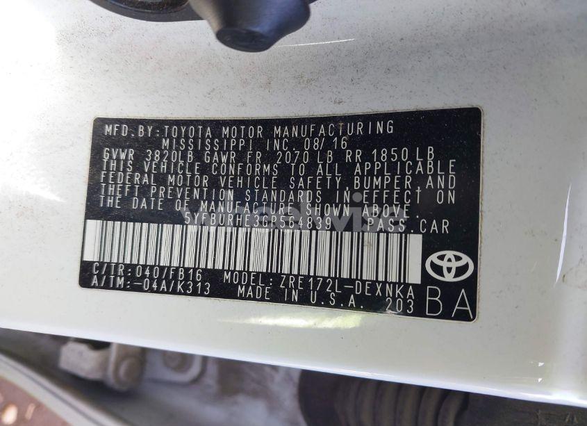 Photo 9 of 2016 Toyota Corolla LE (VIN 5YFBURHE3GP564839)