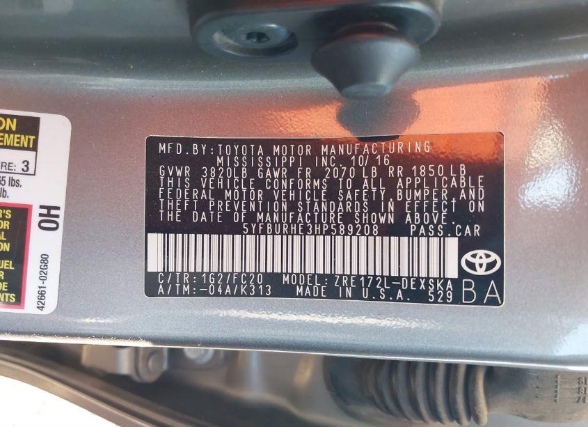 Photo 9 of 2017 Toyota Corolla L/LE/XLE/SE/XSE (VIN 5YFBURHE3HP589208)