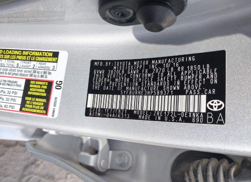 Photo 9 of 2017 Toyota Corolla LE (VIN 5YFBURHE3HP589371)