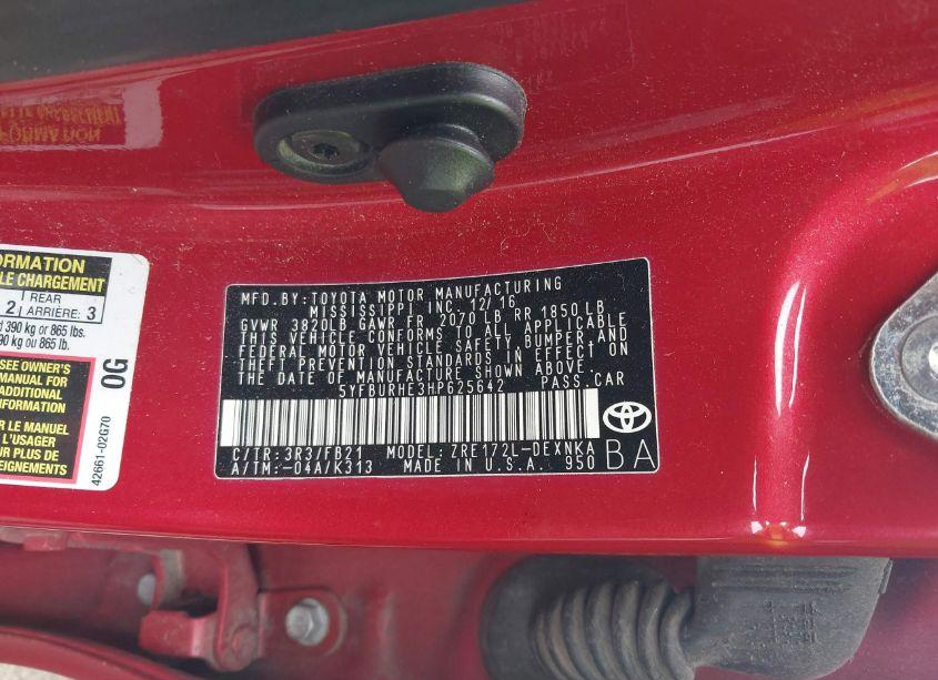 Photo 9 of 2017 Toyota Corolla LE (VIN 5YFBURHE3HP625642)