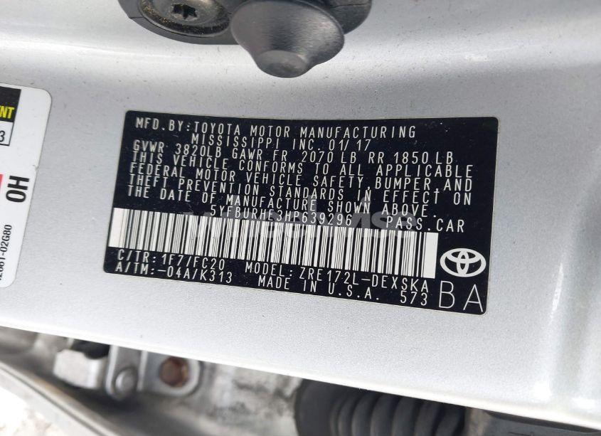 Photo 9 of 2017 Toyota Corolla SE SPECIAL EDITION (VIN 5YFBURHE3HP639296)