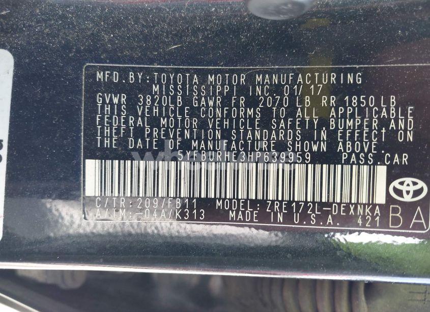 Photo 9 of 2017 Toyota Corolla LE (VIN 5YFBURHE3HP639959)