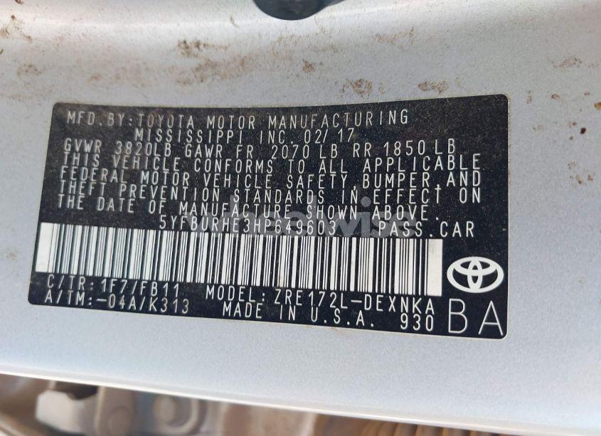 Photo 9 of 2017 Toyota Corolla LE (VIN 5YFBURHE3HP649603)