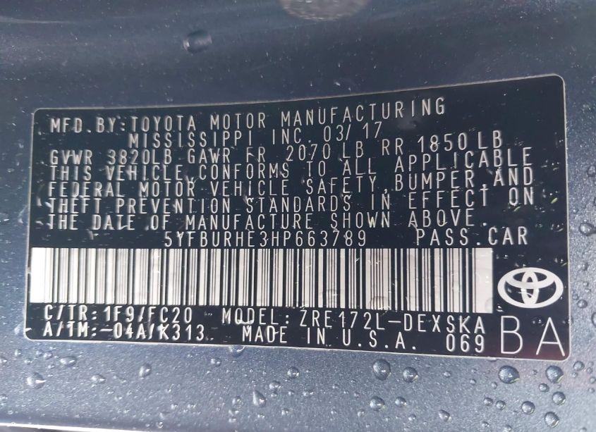 Photo 9 of 2017 Toyota Corolla SE (VIN 5YFBURHE3HP663789)