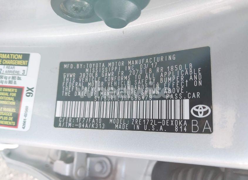 Photo 9 of 2017 Toyota Corolla L (VIN 5YFBURHE3HP666479)