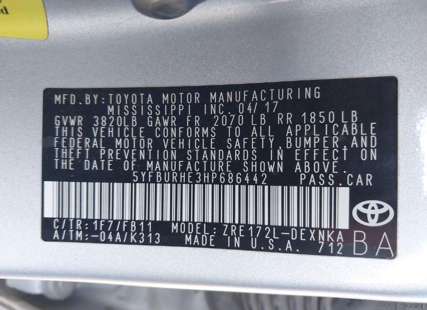 Photo 9 of 2017 Toyota Corolla LE (VIN 5YFBURHE3HP686442)