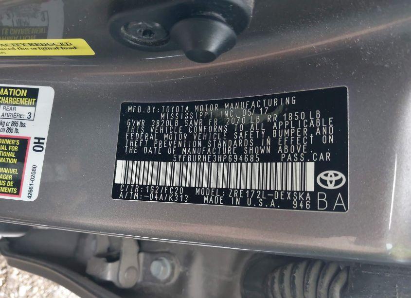 Photo 9 of 2017 Toyota Corolla SE (VIN 5YFBURHE3HP694685)