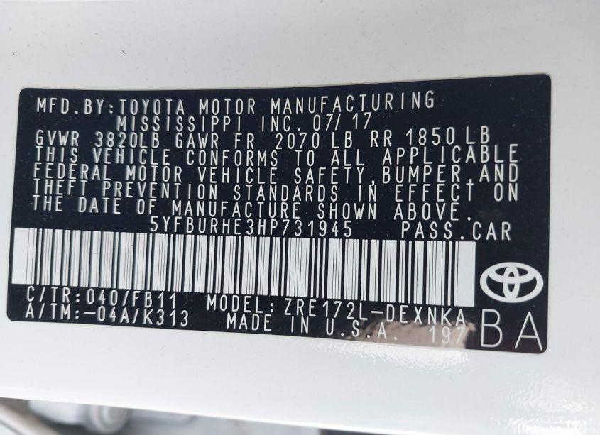 Photo 9 of 2017 Toyota Corolla LE (VIN 5YFBURHE3HP731945)