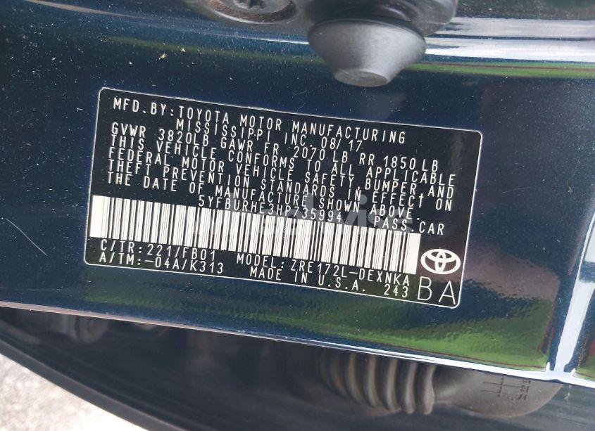 Photo 9 of 2017 Toyota Corolla LE (VIN 5YFBURHE3HP735994)