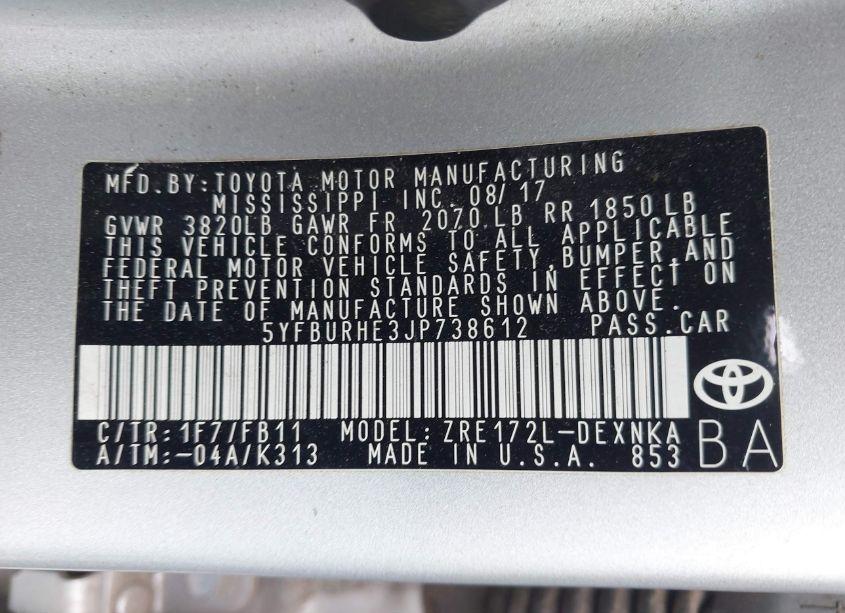 Photo 9 of 2018 Toyota Corolla LE (VIN 5YFBURHE3JP738612)