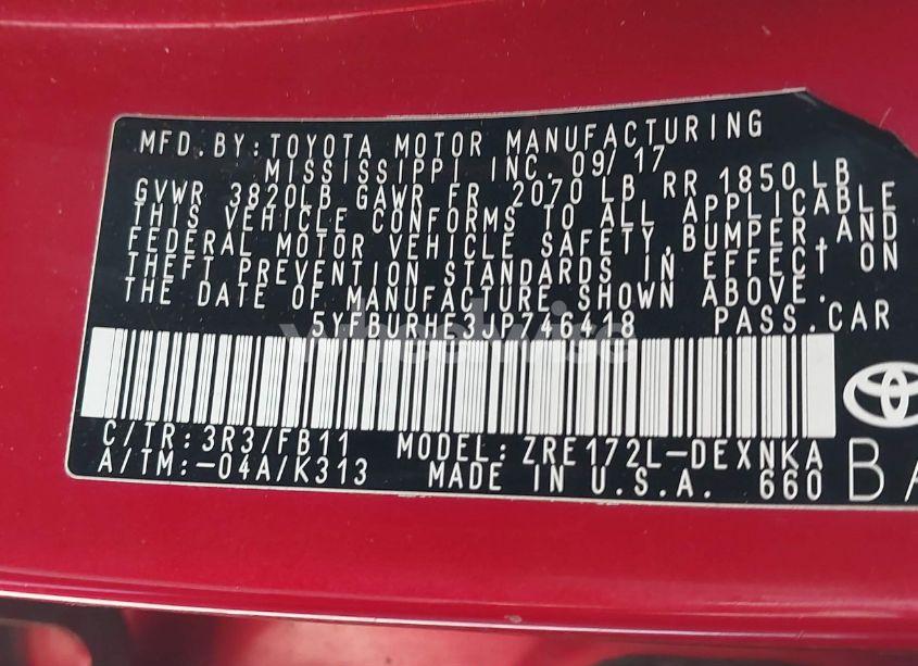 Photo 9 of 2018 Toyota Corolla LE (VIN 5YFBURHE3JP746418)