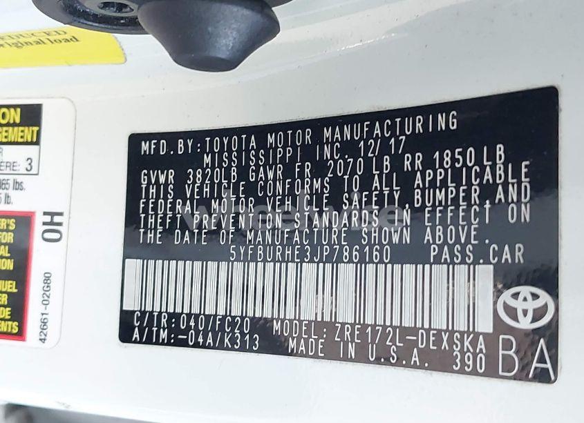 Photo 9 of 2018 Toyota Corolla SE (VIN 5YFBURHE3JP786160)