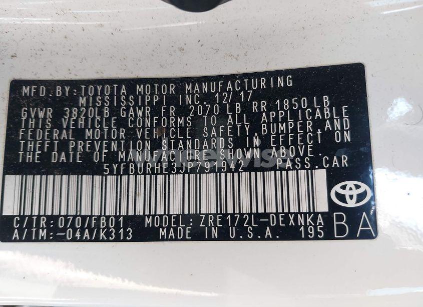 Photo 9 of 2018 Toyota Corolla LE (VIN 5YFBURHE3JP791942)