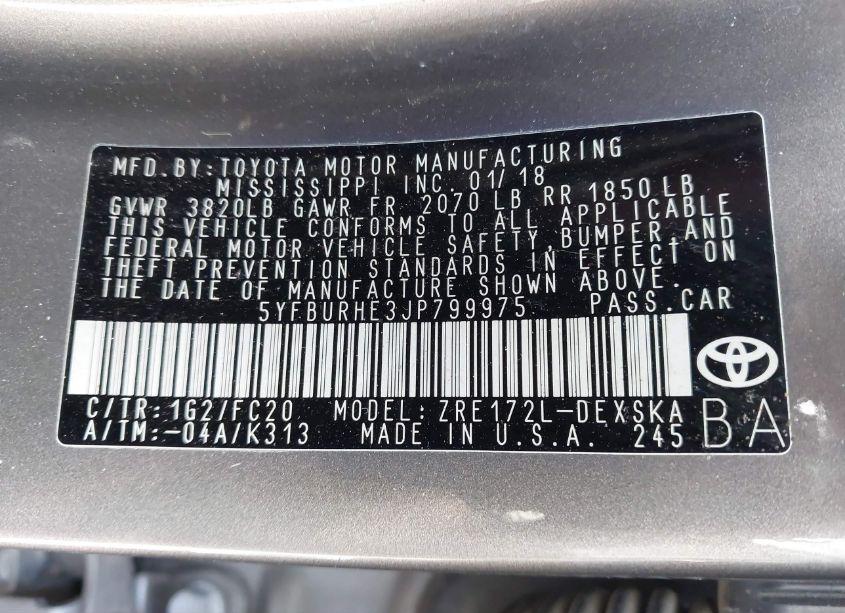 Photo 9 of 2018 Toyota Corolla SE (VIN 5YFBURHE3JP799975)