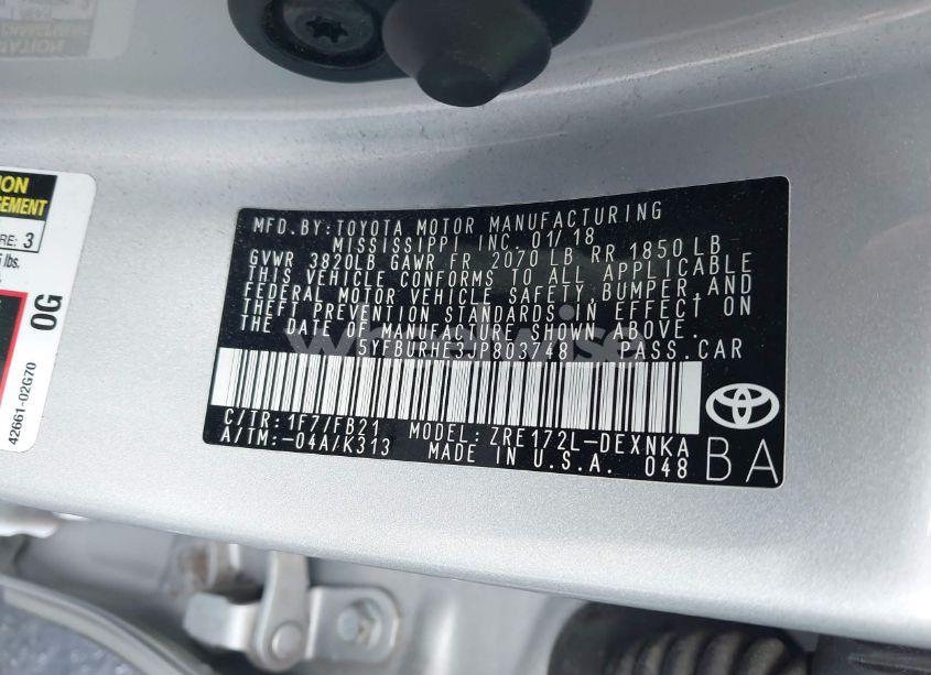 Photo 9 of 2018 Toyota Corolla LE (VIN 5YFBURHE3JP803748)