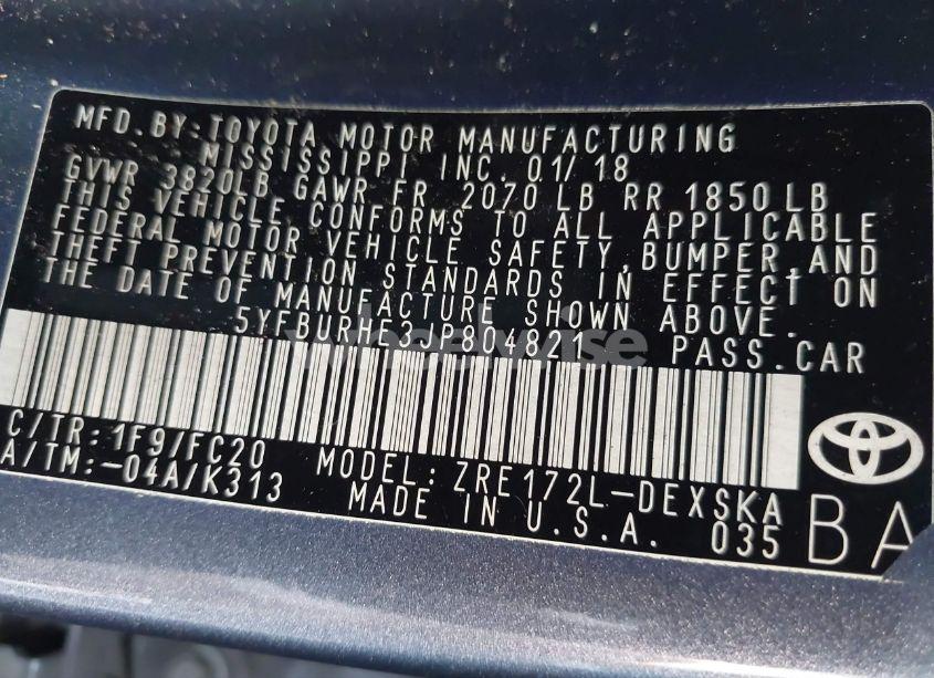 Photo 9 of 2018 Toyota Corolla SE (VIN 5YFBURHE3JP804821)