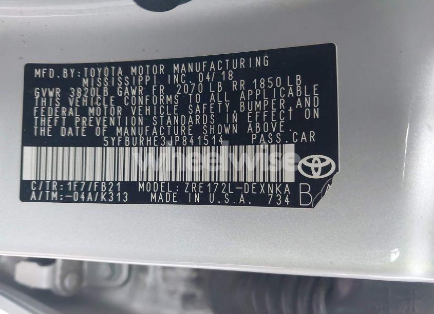 Photo 9 of 2018 Toyota Corolla LE (VIN 5YFBURHE3JP841514)