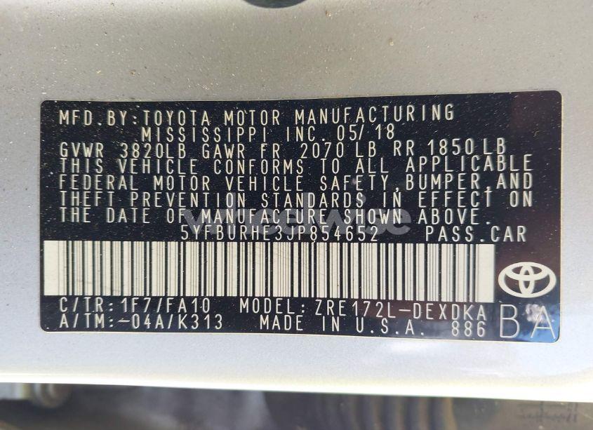 Photo 9 of 2018 Toyota Corolla L (VIN 5YFBURHE3JP854652)